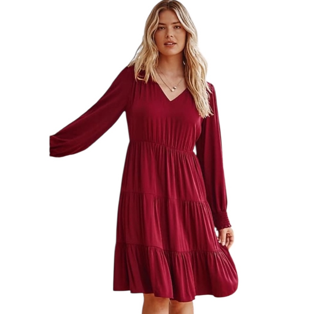 NWT! J. Jill Tiered Smocked-Sleeve Dress - Crimson